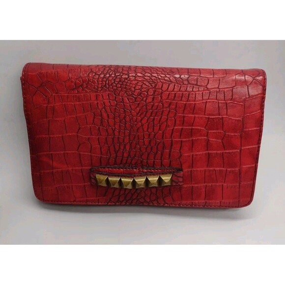 New Red Vegan Leather Crock Embossed Shoulder Bags / Clutch W Brass Stud Accents - Picture 4 of 16